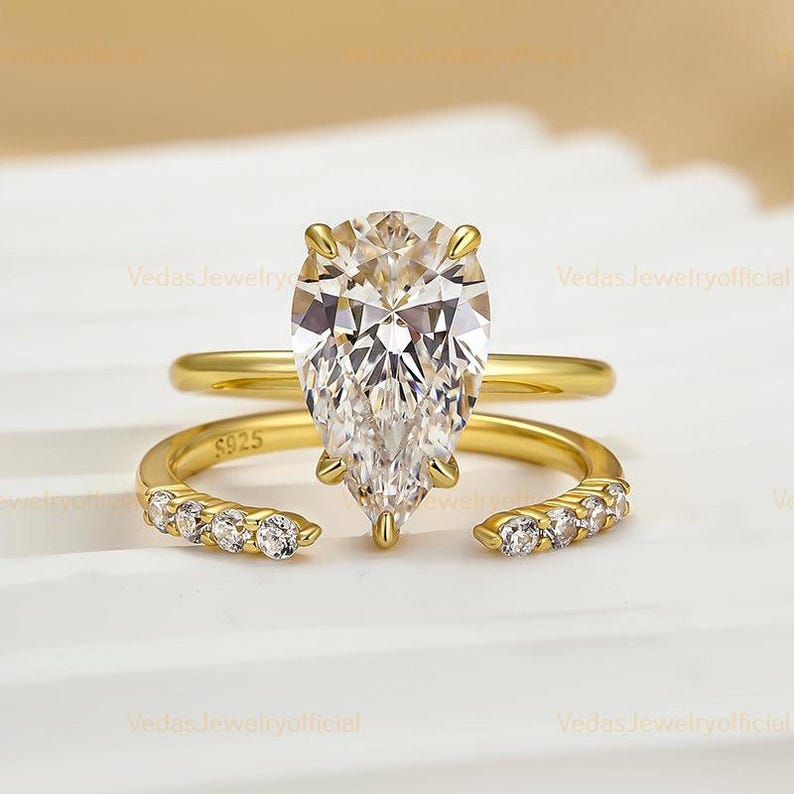 3CT Pear Shaped Moissanite Engagement Ring Set Womens Solid 14K Yellow ...