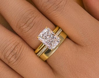3 CT Radiant Cut Moissanite Wedding Bridal Set, 14K Solid Gold, With Round Eternity Band, Engagement Ring Set Promise Ring Unique Radiant