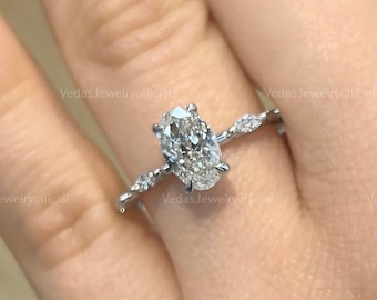 2.5 CT Oval Cut Moissanite Center With Round And Marquise Cut Sides Engagement Ring with Hidden Halo Solitaire Ring Promise Ring
