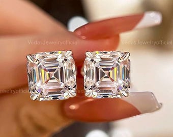 Asscher Cut Moissanite Stud Earrings/ Moissanite Push Back Studs/ 14k Solid Gold Bridal Earrings/ Wedding Earrings