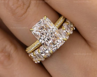 3CT Radiant Cut Moissanite Engagement Diamond Ring Set Bridal Ring Set Diamond Wedding Band Promise Ring Anniversary Gift For Her