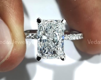 3.03Ct Radiant Lab Grown Diamond Engagement Ring: Hidden Halo Pave, IGI Certified
