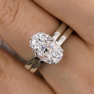 3CT Oval Moissanite Ring Set Womens Moissanite Engagement Ring Set, Bridal Set, Wedding Set,8x10mm Oval Solitaire Ring & Solid Gold Band Set