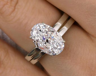 3CT Oval Moissanite Ring Set Womens Moissanite Engagement Ring Set, Bridal Set, Wedding Set,8x10mm Oval Solitaire Ring & Solid Gold Band Set