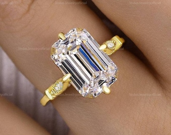 4 CT Moissanite Engagement Ring, Vintage Colorless Emerald Design, Unique Yellow Gold Wedding Ring, Perfect Anniversary Gift