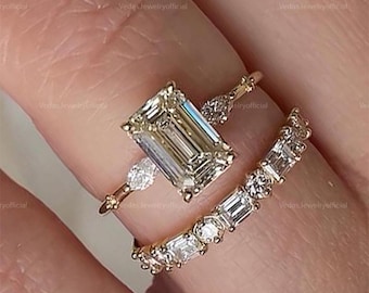 Bespoke Bridal Ring Set, 2.50 CT Emerald Cut Moissanite Featuring A Hidden Halo Design Paired With A Baguette Diamond Full Eternity Band