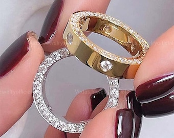 14K Yellow Gold Two Sided Pave Moissanite Band, Stunning 2 Row Full Eternity Wedding Band, Unique Women's Anniversary Ring