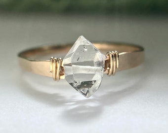 Herkimer diamond ring, handmade rings, hammered ring, raw Herkimer diamond ring, 14k Gold filled rings, raw diamond ring