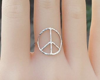 Peace sign ring sterling silver, handmade peace sign ring, hammered sign rings, silver symbol rings, hippie symbol rings