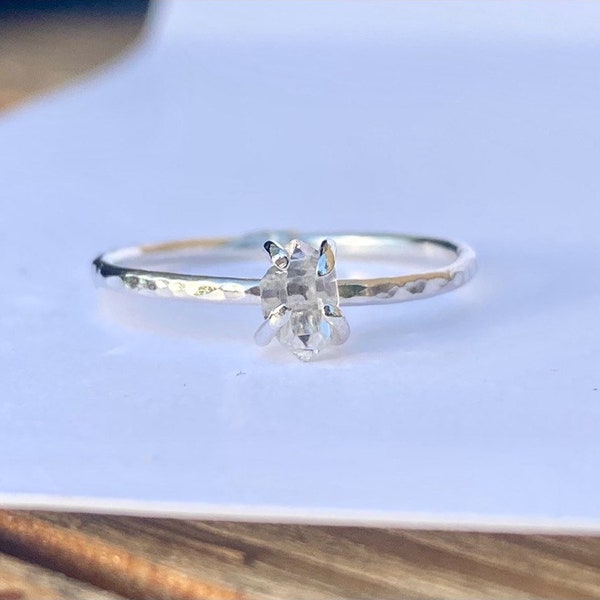 Raw stone Herkimer Diamond ring, sterling silver ring, handmade rings, hammered ring, 6mm stone rings, raw gemstone rings, April birthstone