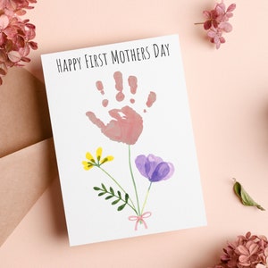 Motipuns 30 Pcs Mother's Day Handprint Crafts Kits Greeting Cards With 3 Pcs Large Ink Pads Happy Mother's Day Gifts For Mom Home Sunday Activities( Pink,Flower
