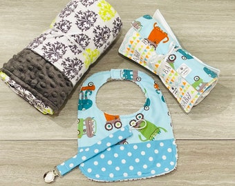 Monsters Baby Gift Set: Minky Blanket, Burp Cloths, Bib & Pacifier Clip