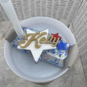 Red White Blue, Patriotic Stars, Custom Name Accessory, Stanley Cup Topper, Tumbler Tag