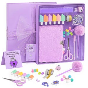 May include: A purple stationery set with a fluffy journal, pens, scissors, and decorative tape. The set includes colorful popsicle-shaped erasers, stickers, and a card that reads "You've Got the Key to Unlock Something Amazing..."