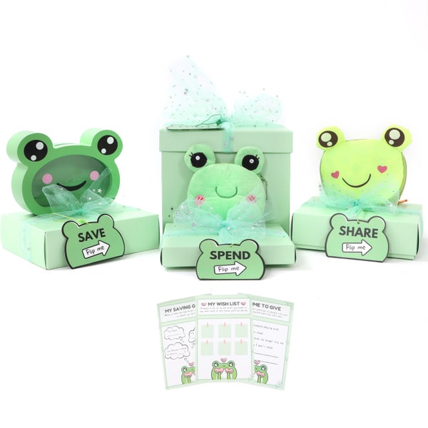 Happy Lolli Save Spend Share Educational Piggy Bank Set  - Fun Goal Setting Kit with Frog Money Box, Purse & a Bag for Donating to Charity