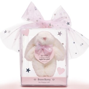 May include: A white plush bunny toy in a clear box, tied with a pink bow and tulle. The bunny has a pink heart-shaped tag with the text "Be brave. Choose what's right for you!" and "Brave Bunny by Happy Lolli."