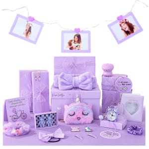 HAPPY LOLLI Gift for Tween and Teen Girls - 8 Wrapped Gifts in 1 Box with Fun Tasks and Cards to Empower Girls (Purple Box)