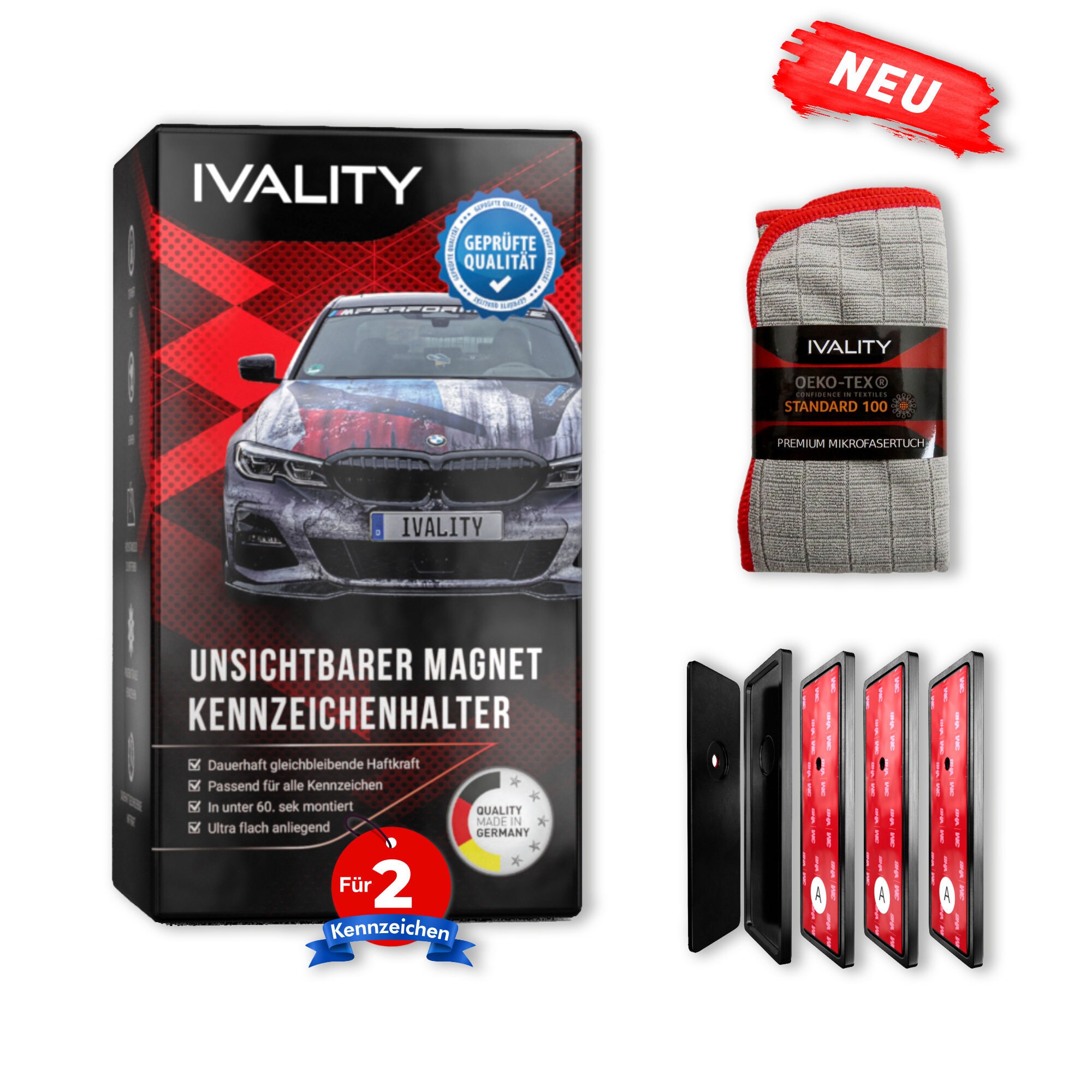 IVALITY® Hochwertiger Magnet Kennzeichenhalter Rahmenlos -  Wechselkennzeichenhalter Österreich /DE/CH - für 2 Kfz Autokennzeichen