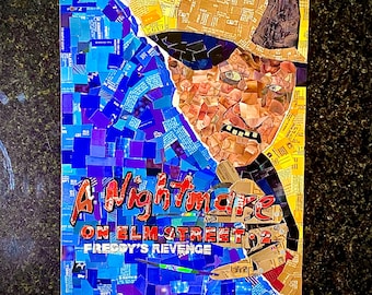 May include: A collage artwork of Freddy Krueger from the movie "A Nightmare on Elm Street 3: Freddy's Revenge". The artwork is made of small pieces of paper and cardboard, creating a mosaic effect. The title of the movie is visible at the bottom of the artwork.