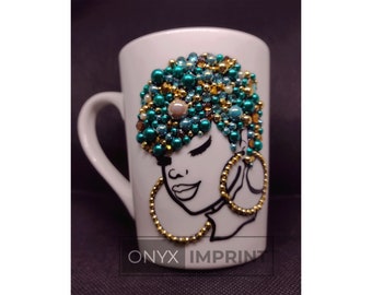 CeCe Bling Mug, Rhinestones and Pearls Cup, Teal Bling