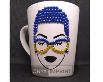 Short Hair Bling Mug, Sorority Colors, Mug with Eyeglasses