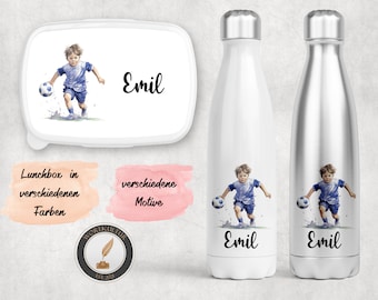 Personalisierte Lunchbox, Trinkflasche, Brotdose, Frühstück, Set, Geschenkbox, Fußball Soccer Junge  - verschiedene Motive zur Auswahl