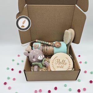 Personalisierte Geschenkbox Set | Baby Geburt | Rassel Schnullerkette Decke Bürste Namensschild | mit Verpackung | versch. Tiere | Elch