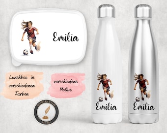 Personalisierte Lunchbox, Trinkflasche, Brotdose, Frühstück, Set, Geschenkbox, Fußball Soccer Mädchen  - verschiedene Motive zur Auswahl