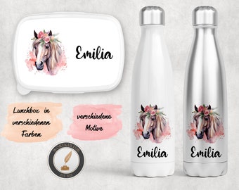 Personalisierte Lunchbox, Trinkflasche, Brotdose, Frühstück, Set, Geschenkbox, Unisex, Pferde  - verschiedene Motive zur Auswahl