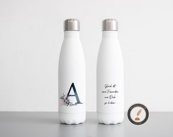 Personalisierte Flasche mit Buchstabe in dunkelblau und Namen, florales Monogramm, Wunschtext, 500 ml Thermosflasche oder 750ml Trinkflasche