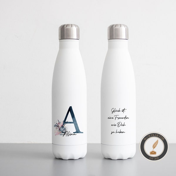 Personalisierte Flasche mit Buchstabe in dunkelblau und Namen, florales Monogramm, Wunschtext, 500 ml Thermosflasche oder 750ml Trinkflasche