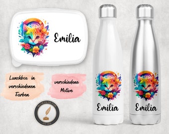 Personalisierte Lunchbox, Trinkflasche, Brotdose, Frühstück, Set, Geschenkbox, Unisex, Katzen  - verschiedene Motive zur Auswahl