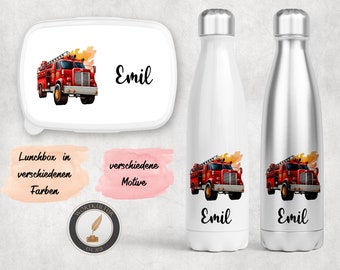 Personalisierte Lunchbox, Trinkflasche, Brotdose, Frühstück, Set, Geschenkbox, Unisex, Feuerwehr  - verschiedene Motive zur Auswahl