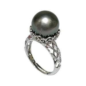 Tahitian Pearl and Ruby Ring - 10mm Round Peacock Gray Green South Sea Cultured Pearl