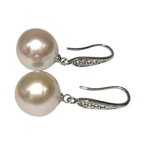 Amazing Edison Natural White Hints Slightly Pink Tones Colour Round Cultured 11.5 - 11.7mm 5A Luster Pearl Handmade Dangle Hook Earrings