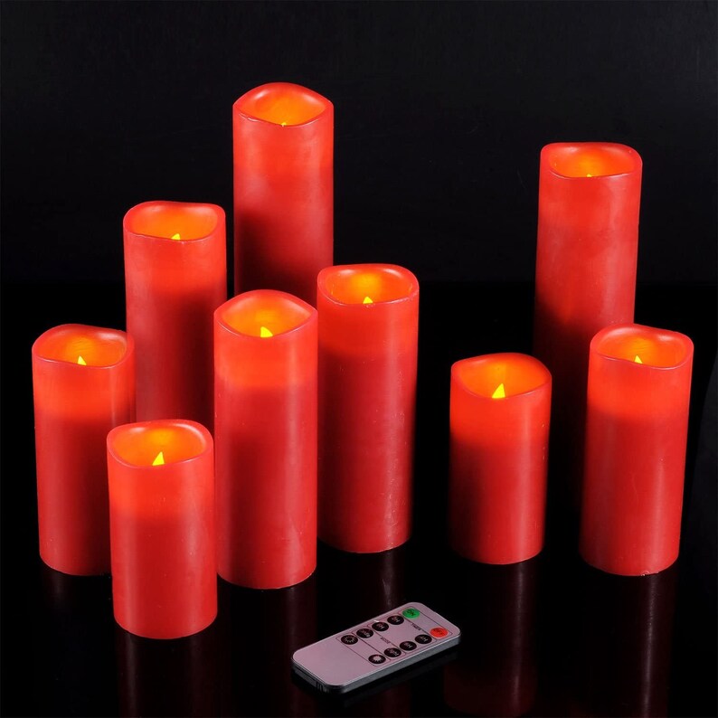 RED Battery Operated Flameless Candle Set 9 Real Wax Pillar Etsy