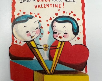 Vintage Anthropomorphic Matches Valentine Greeting Card - “What A Match We’d Make Valentine!”