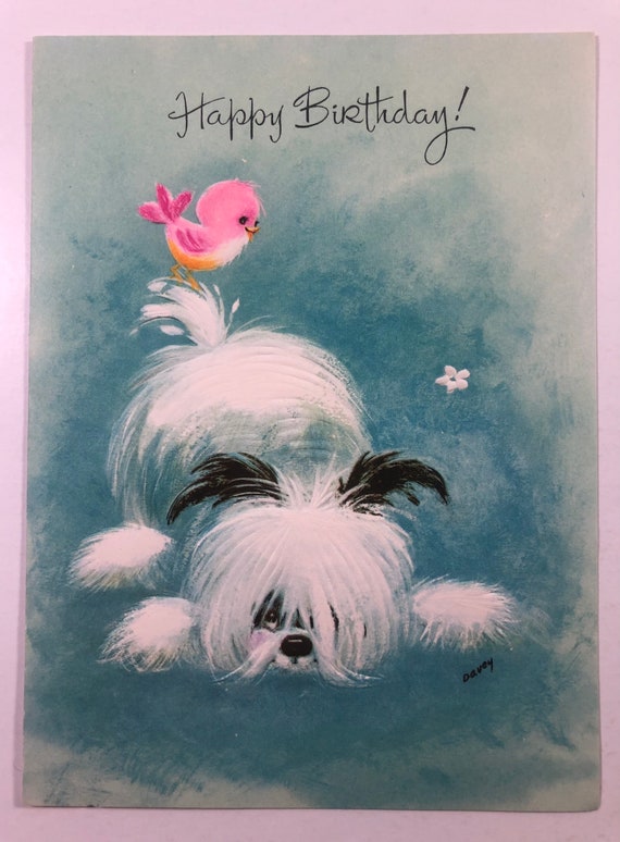 Vintage Dog Greeting Card Puppy With Pink Bird on Tail, Birthday ...