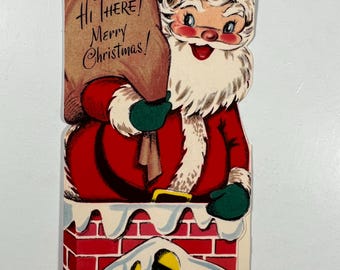 Vintage Santa Christmas Greeting Card - Santa Claus In Chimney