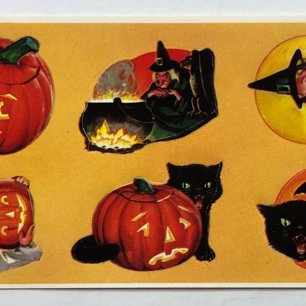 Vintage Set Of 6 Halloween Eureka Seals Stickers - Full Sheet, Black Cat, Witch, Girls With Costumes Masks, Jack O Lantern Pumpkin