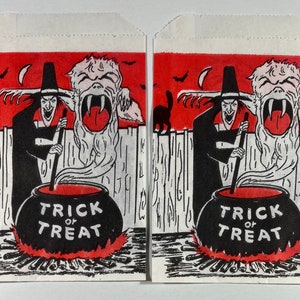 Vintage Set Of 2 Halloween Trick Or Treat Bags - Witch Stirring Stew In Pot, Big Ghost, Anthropomorphic, Bats