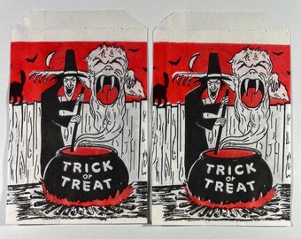 Vintage Set Of 2 Halloween Trick Or Treat Bags - Witch Stirring Stew In Pot, Big Ghost, Anthropomorphic, Bats