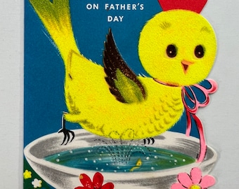 Vintage Yellow Bird Gibson Father’s Day Greeting Card - Yellow Bird Sitting At Bird Bath, Fuzzy Flocked