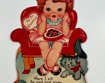 Vintage Girl & Kitty Cat Valentine Greeting Card - Girl Holding Box Of Chocolates