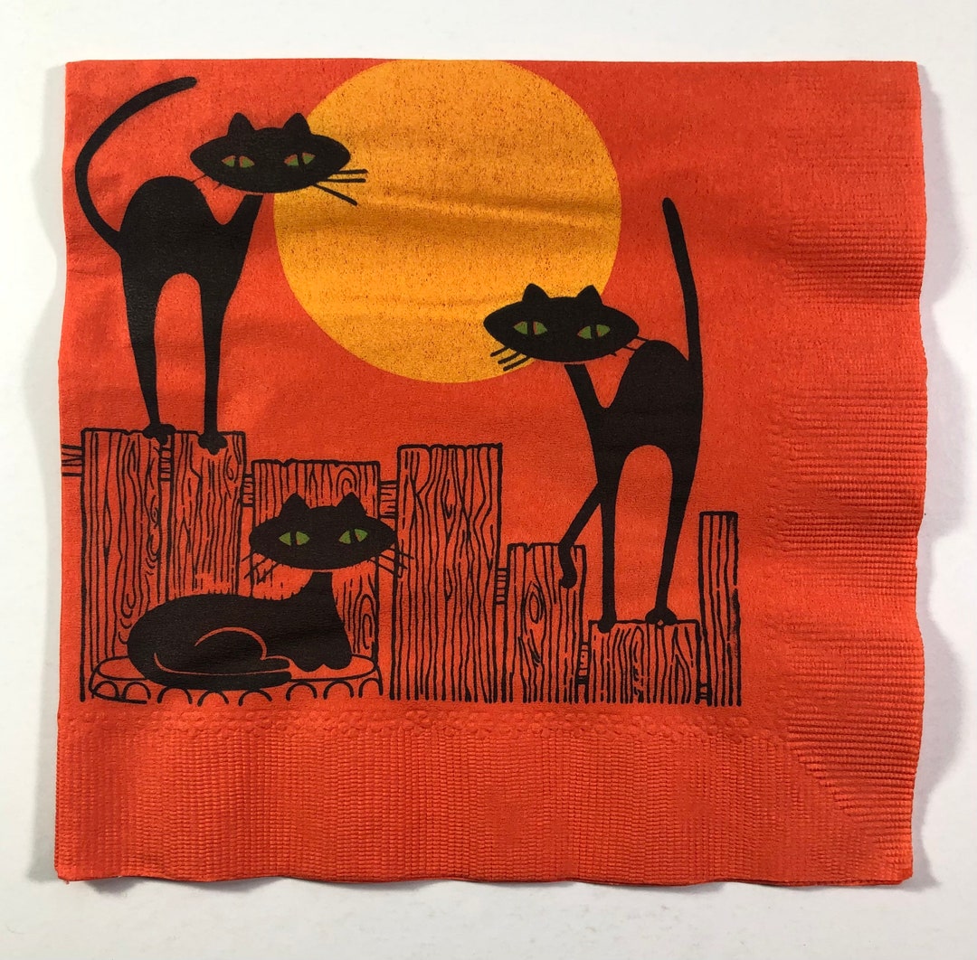 Vintage Black Cat Halloween Paper Napkin 3 Black Cats Etsy