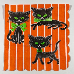 Vintage Black Cat Paper Napkin - Black Kitty Cats Wearing Green Bow, Collar