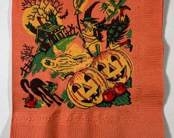 Vintage Witch, Ghost, Black Cat Halloween Paper Napkin - Witch With Broom, Ghost, Black Kitty Cat, Jack O Lantern Pumpkins, Spooky House