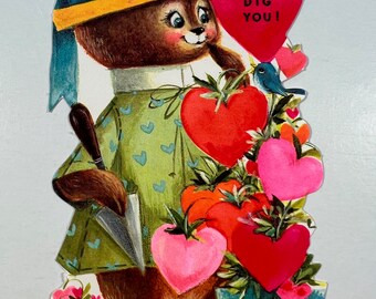 Vintage Bear Gardening Gibson Valentine Greeting Card - Bluebird In Heart Tree A524