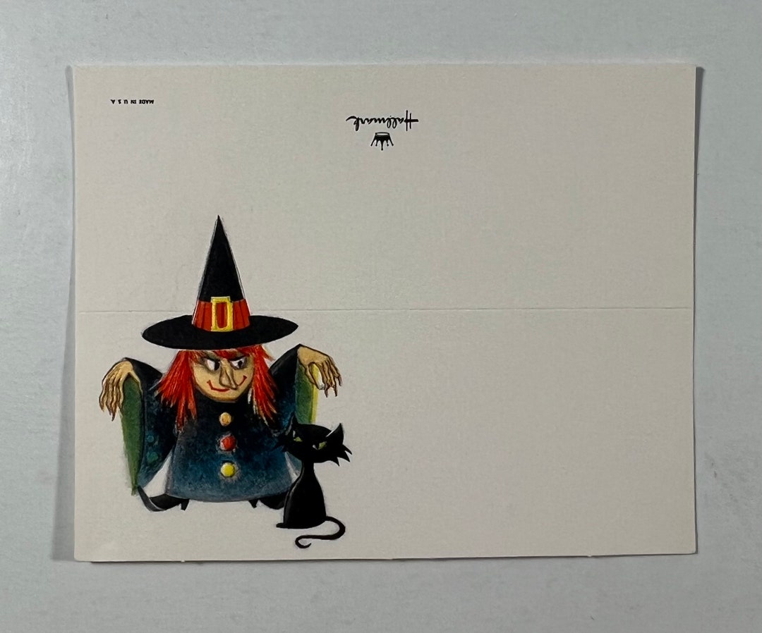 Vintage Witch Hallmark Halloween Place Card - Black Kitty Cat & Witch ...