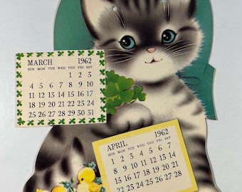 Vintage Norcross Kitten March April 1962 Calendar - Tiger Kitty Cat With Clovers, Chicks In Eggshell